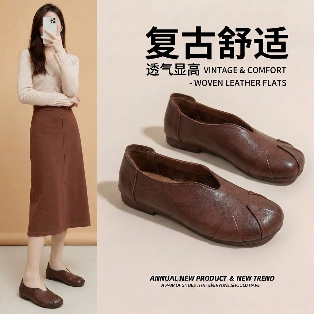 手工复古擦色平跟单鞋女春秋真皮圆头粗跟深口一脚蹬百搭妈妈皮鞋