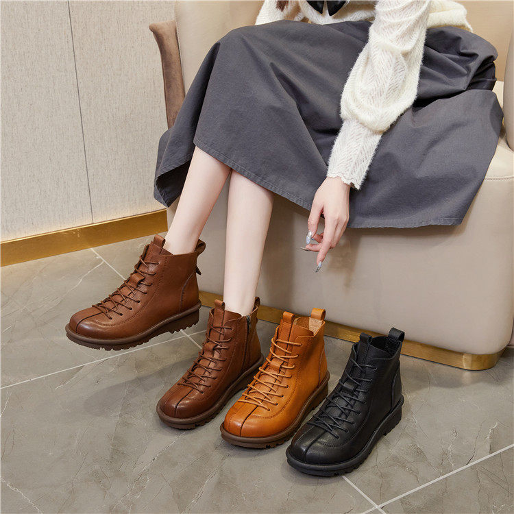 平跟靴复古原创民族风短靴木森鸟女鞋系带真皮妈妈鞋秋冬新款