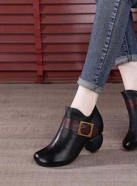 3656铁扣短靴软底真皮民族风复古休闲皮带扣中跟踝靴马丁靴妈妈鞋