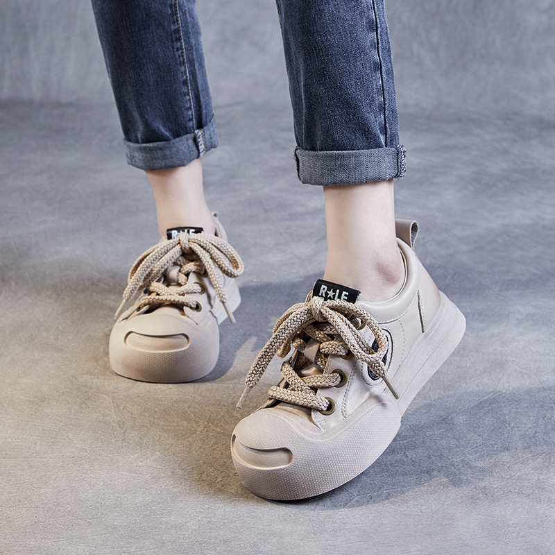 650大头运动休闲板鞋头层牛皮开口笑女鞋2024春季新厚底系带单鞋