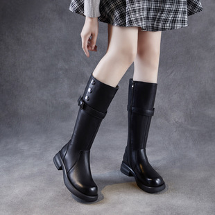 头层牛皮复古厚底骑士靴女2025新款秋显瘦圆头皮带扣粗跟长筒靴子