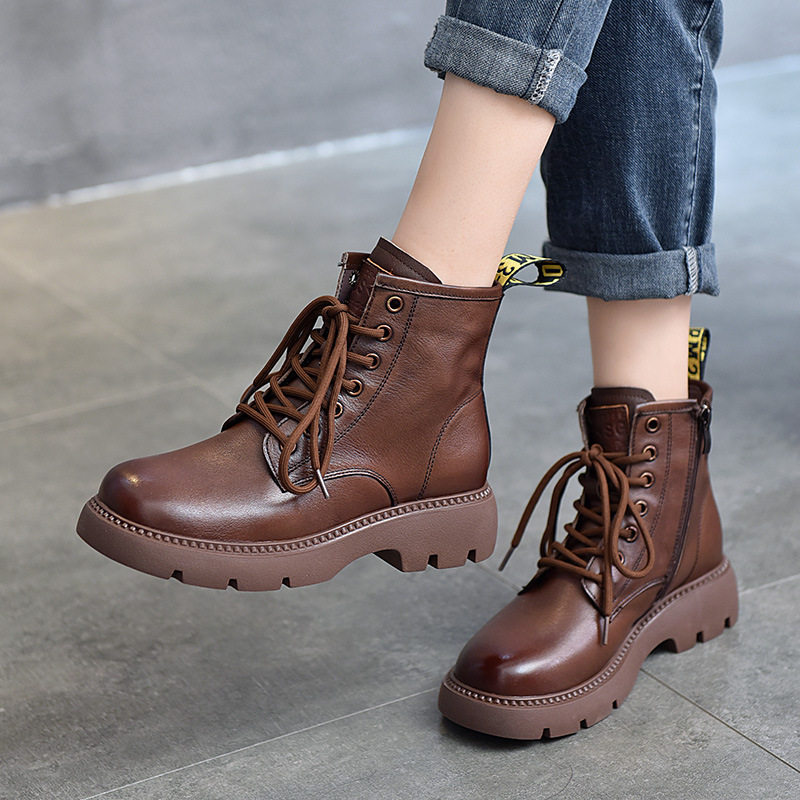 圆头防水台单靴头层牛皮系带马丁靴女2022秋冬新款皮靴真皮高帮靴