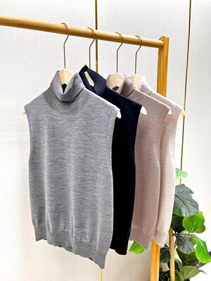 100羊毛针织马甲背心女堆堆领无袖毛衣宽松高领