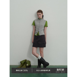 天丝混纺两色绗线口袋工装 Chic100棉 Veega 半裙 5折