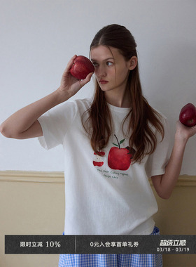 Veega Chic 食物系 苹果和梨 彩色印花宽松罗纹圆领套头短袖T恤