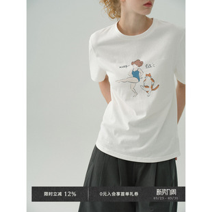 白T恤 春夏100棉手绘水印花设计感休闲复古卡通短袖 Veega Chic
