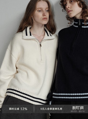 Veega Chic 重磅730g绵羊毛混纺慵懒休闲高领条纹撞色半拉链毛衣