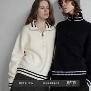 Veega 重磅730g绵羊毛混纺慵懒休闲高领条纹撞色半拉链毛衣 Chic