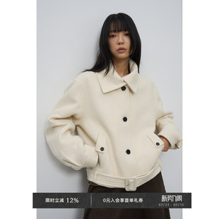 夹棉结短款 秋冬羊毛复古翻领腰带口袋修身 H型毛呢外套 Chic Veega