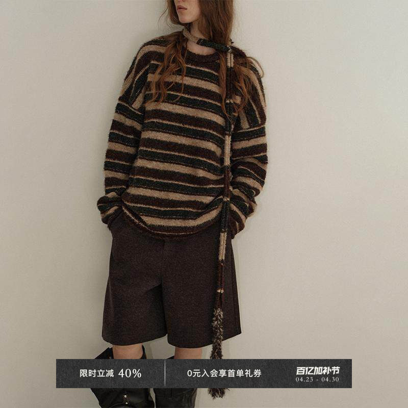 【6折】Veega Chic 圈圈羊毛混纺条纹提花麻花腊肠围巾圆领毛衫