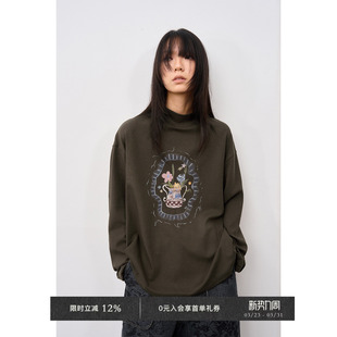 长袖 复古艺术感印花小立领宽松版 T恤 Chic Veega