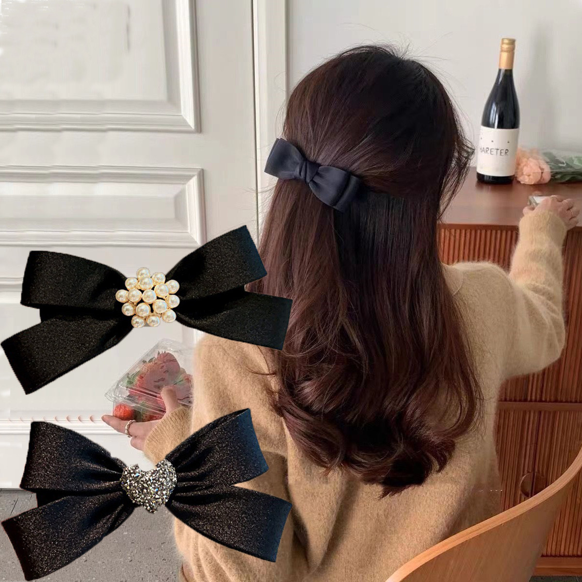 珍珠蝴蝶结弹簧夹中小号发夹精致百搭发量少边夹头饰黑色布艺发饰,饰品/流行首饰/时尚饰品新,发饰,淘宝优惠券,粉丝福利购,淘宝优惠卷