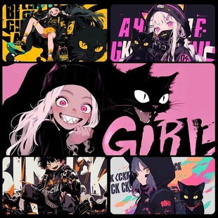 黑猫鼠标垫超大号创意涂鸦动漫电脑键盘垫加厚游戏滑鼠垫办公桌垫