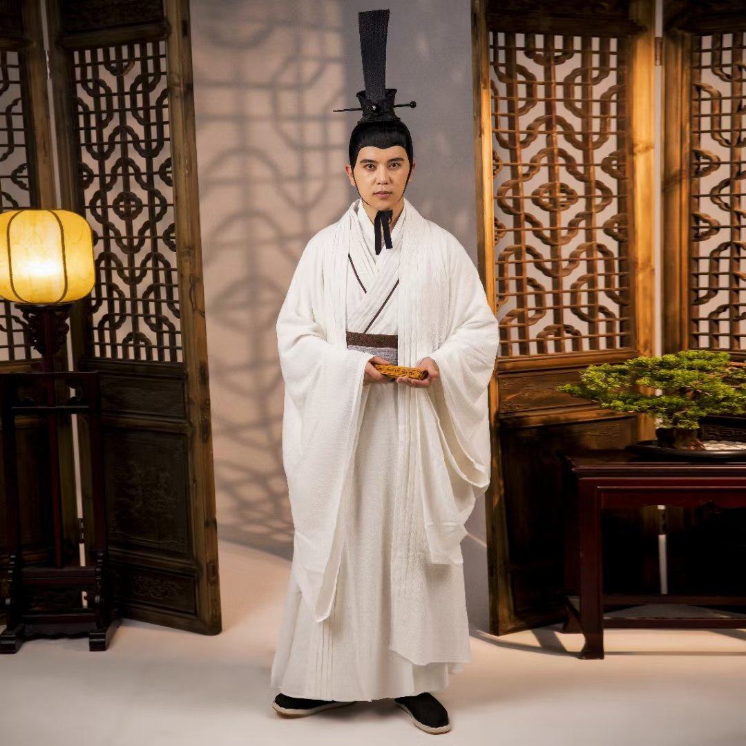 古装汉服男款文人诗人才子孔子屈原白色棉麻演出服装春秋战国戏服