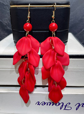 925银耳钩红色耳环2025新款耳饰高级感夸张花朵叶子长款流苏耳坠