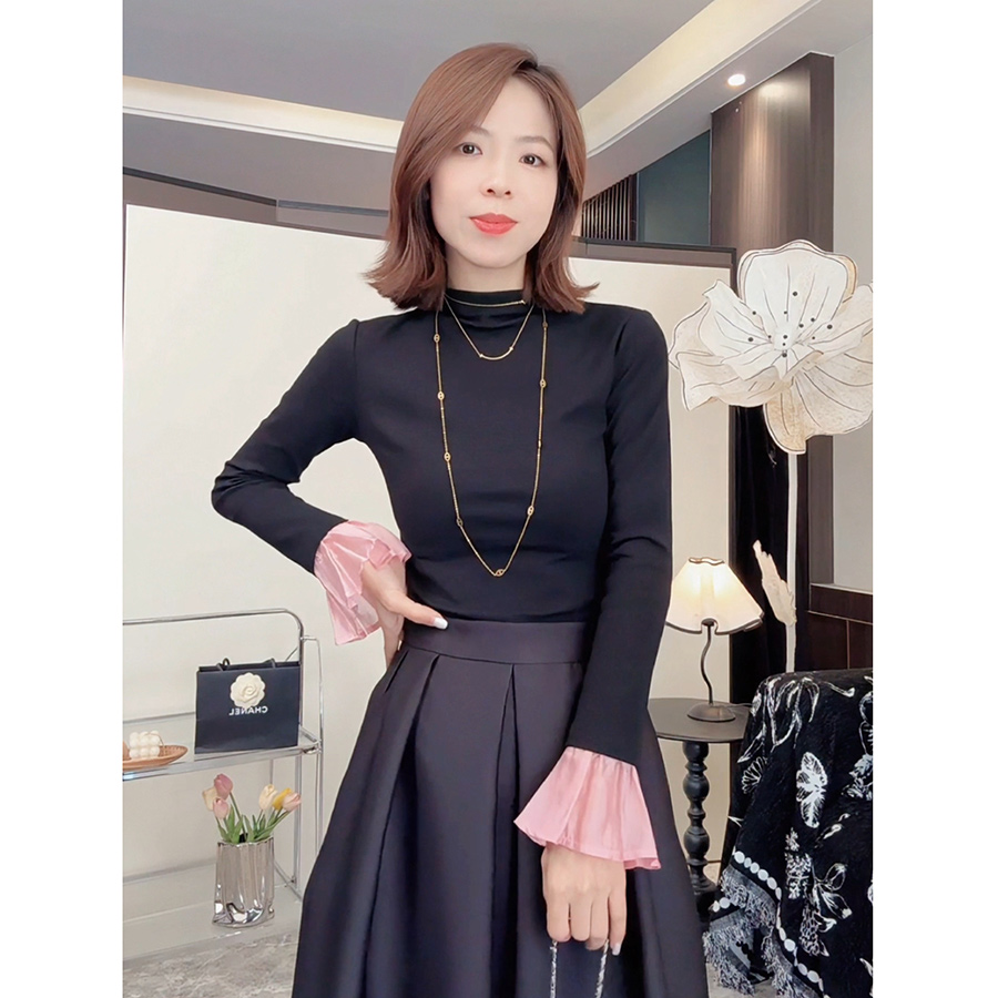 【费城情书】法式黑色长袖T恤修身小个子气质半高领上衣 251102