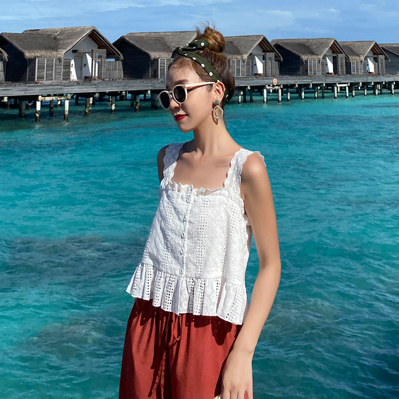 镂空吊带上衣夏女韩版蕾丝花边白色小吊带超仙短款小个子海边背心