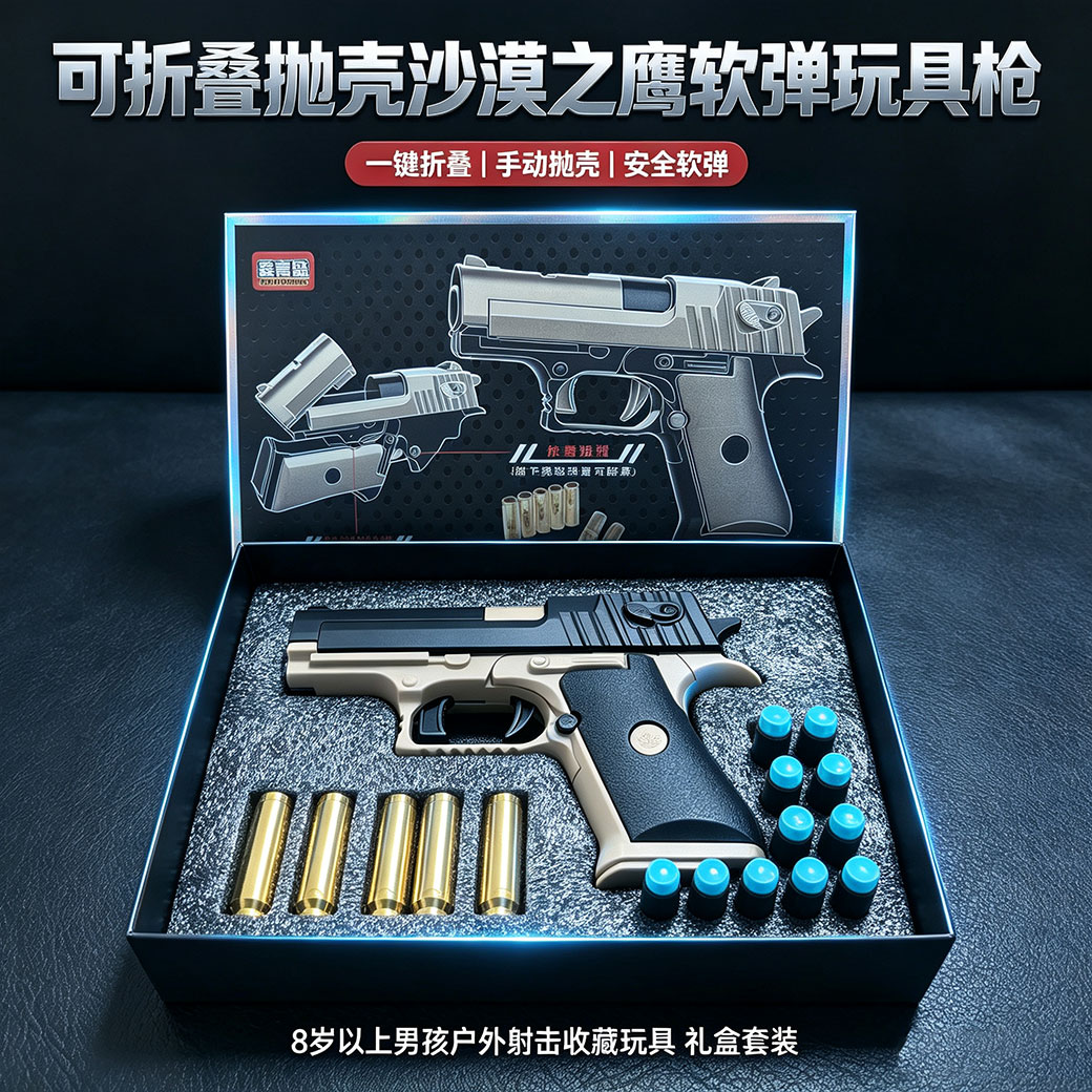 鑫嘉盛可折叠抛壳软弹玩具枪全金属手动沙漠之鹰礼盒套装儿童礼物