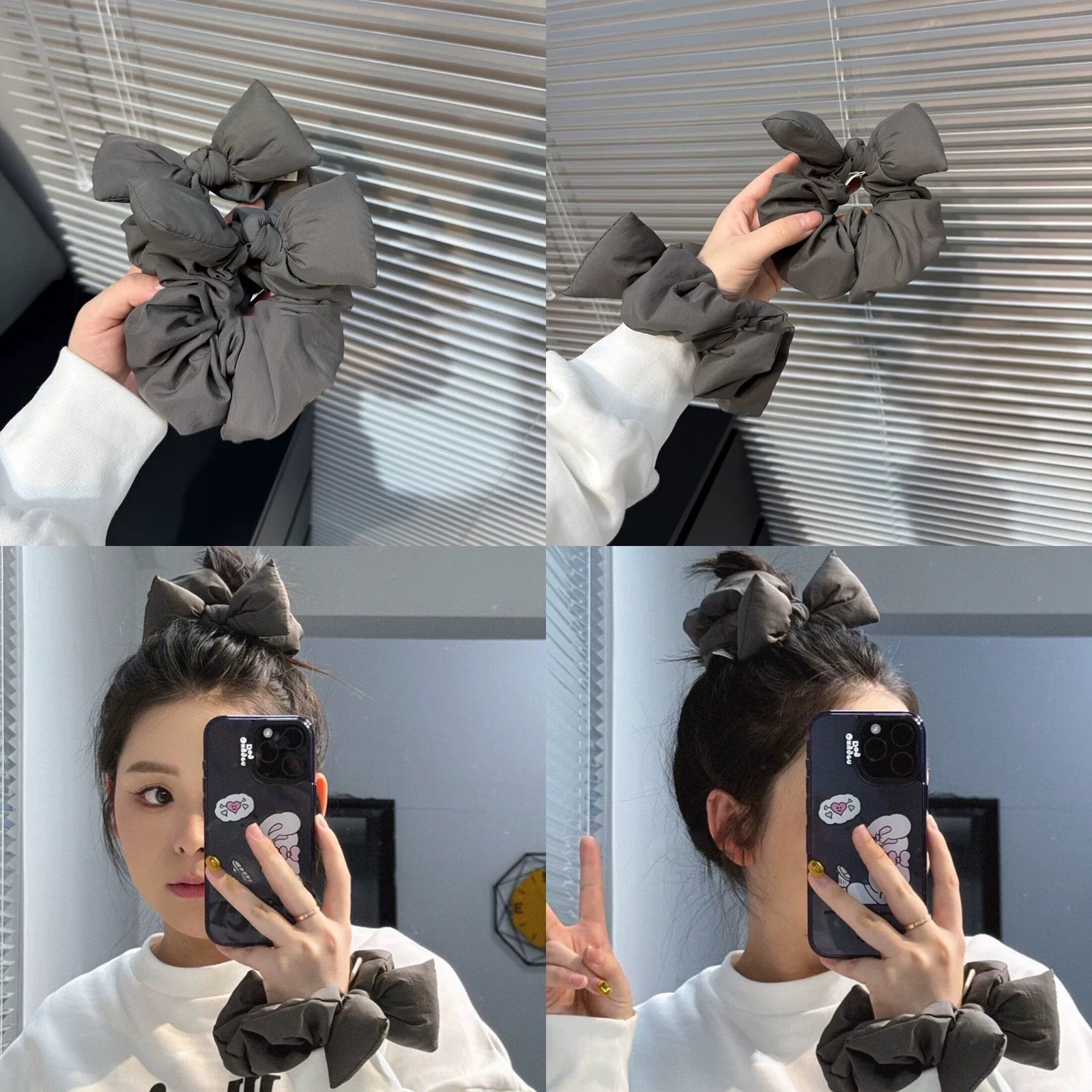 韩国泡泡棉蝴蝶结发圈高级感雾灰色蓬松枕头丸子头发绳低马尾头绳