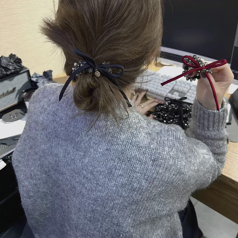 韩版不灵闪闪小众设计发圈串珠水晶蝴蝶结飘带百搭头绳显白发绳图片