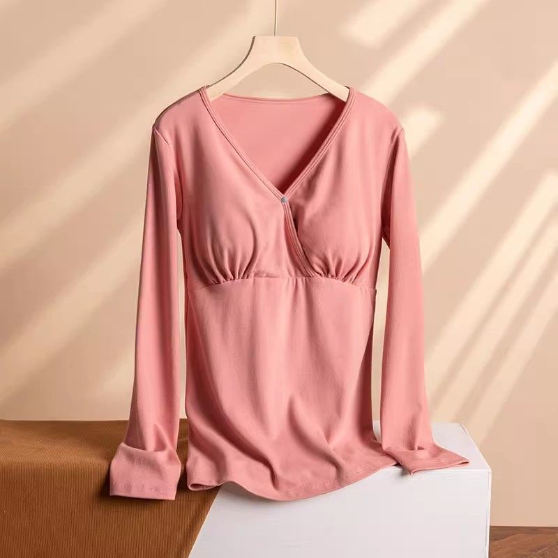 罗丽丝棉毛加厚交叉宝妈喂奶哺乳上衣保暖家居免文胸孕妇大码产后