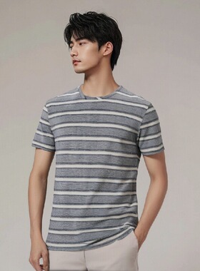 汉麻时代夏装男短袖圆领T恤时尚条纹休闲天然汉麻抑菌透气防晒衫