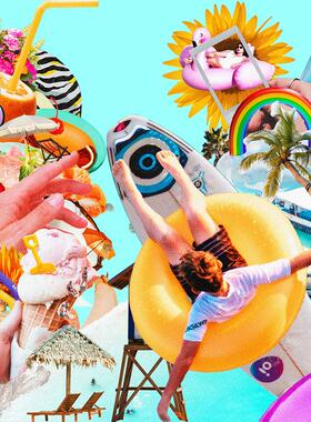 视频素材夏日度假阳光沙滩多巴胺拼贴片头开场动画MG160