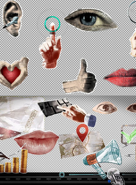 视频素材撕纸拼贴手势动作眨眼报纸地图复古元素动画MG194