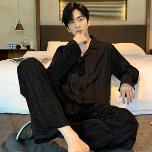 维多利亚高级男士睡衣男款纯棉长袖新款春秋仿真丝绸家居服套装
