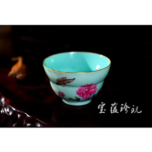 宝蕴阁珐琅彩松石绿扒花杂花蝴蝶杯手绘品茗杯景德镇陶瓷功夫茶杯