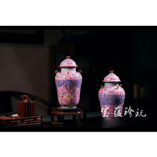 宝蕴阁景德镇手绘陶瓷胭脂红地花卉四系包袱罐密封罐家居客厅摆件