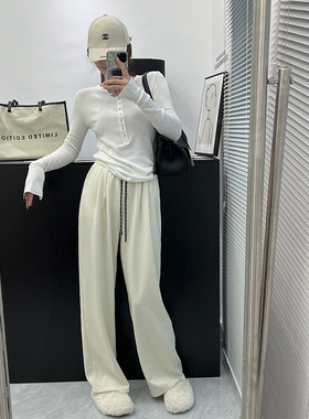 早春新款灰色阔腿裤女慵懒风垂感休闲裤高腰百搭直筒长裤显瘦裤子