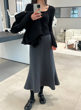 momo大姐姐冬季新款羊毛鱼尾裙小个子半身裙女高腰显瘦厚款中长裙