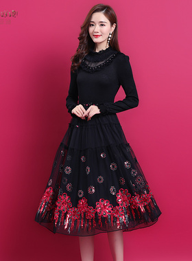 28c80秋冬新款黑色内搭女士毛衣长袖裙子连衣裙针织秋冬打底蕾丝