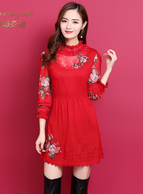 88188 漫璐亚迪秋冬新款大码女装蕾丝针织连衣裙气质红色羊毛打底