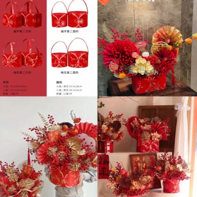 38包邮新年喜庆福桶国潮烫金绸缎银柳冬青插花年宵花金叶折扇挂件