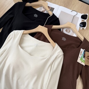 免穿内衣 醋酸蚕丝羊毛亲肤保暖桃心领胸垫打底衫T恤女