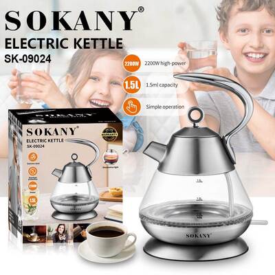 出口SOKANY09024水壶1.5L烧水壶不锈钢玻璃水壶ELECTRIC KETTLE