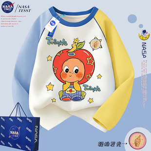 NASA联名亮灯星星人男童长袖 女童上衣 T恤儿童春秋纯棉撞色打底衫