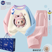 NASA联名女童发光拉布布加绒圆领卫衣套装 儿童秋冬女孩卫裤 上衣潮