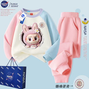 NASA联名女童发光拉布布卫衣套装儿童秋冬加绒女孩上衣裤子两件套