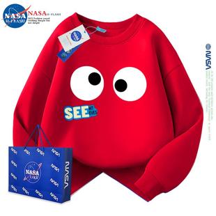 NASA联名红色男童圆领卫衣秋冬潮趣卡通女童加绒儿童冬季 上衣潮服