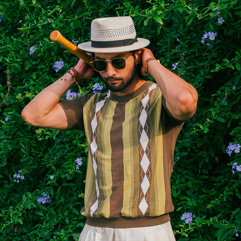 SOARIN美式复古圆领针织短袖T恤男 菱形格休闲宽松条纹薄款体恤衫