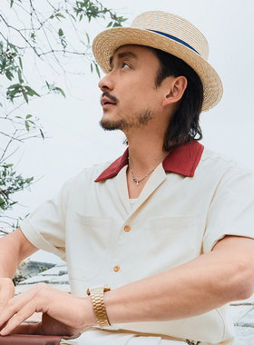 SOARIN复古英伦风古巴领短袖衬衫男 拼接亚麻休闲双口袋中袖衬衣