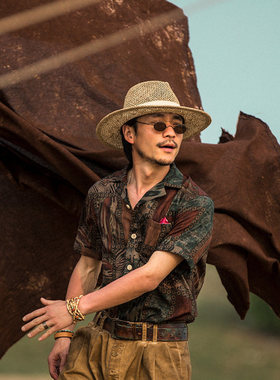 SOARIN复古印花古巴领衬衫男 雅痞Vintage夏威夷巴洛克衬衣短袖薄