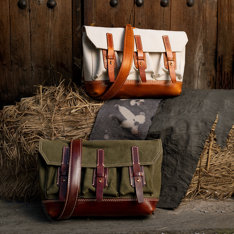 SOARIN美式复古帆布真皮单肩斜跨包 大容量简约休闲邮差笔记本包