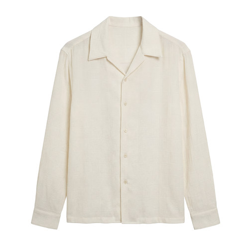 SOARIN复古英伦格纹肌理古巴领长袖衬衫夏季薄款慵懒感休闲衬衣男