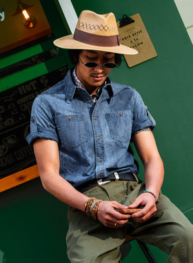 SOARIN原创设计牛津纺短袖衬衫男 英伦风复古休闲全棉七分袖衬衣