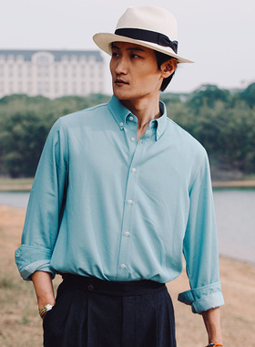 SOARIN英伦复古纽扣领西装衬衫男 夏日薄款垂感商务修身长袖衬衣