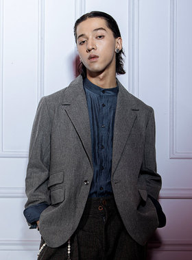 SOARIN【灰色人字纹】英伦复古粗花呢西装外套男 商务正装单西服